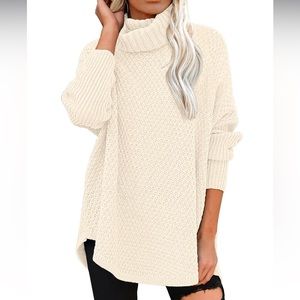 Dorose Cream Oversized Turtleneck Tunic Sweater, Size Medium